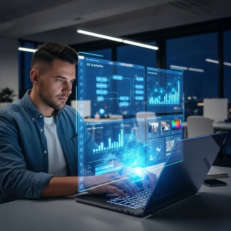 Freelancer using AI dashboards to build smart automated workflows on a laptop
